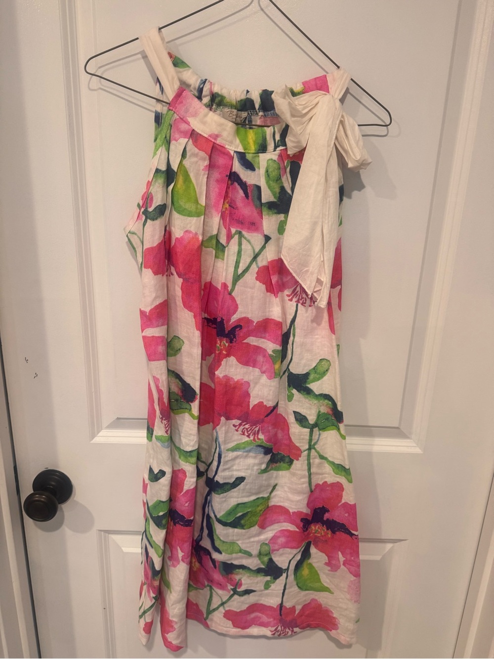 Bellambia Linen Italian made Floral Print Dress - White with Pink & Lime Green